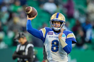 Zach Collaros of the Winnipeg Blue Bombers throws a ball in warmup before the 109th Grey Cup game against the Toronto Argonauts. Collaros opened as one of the favorites by the 2024 CFL Most Outstanding Player Odds.