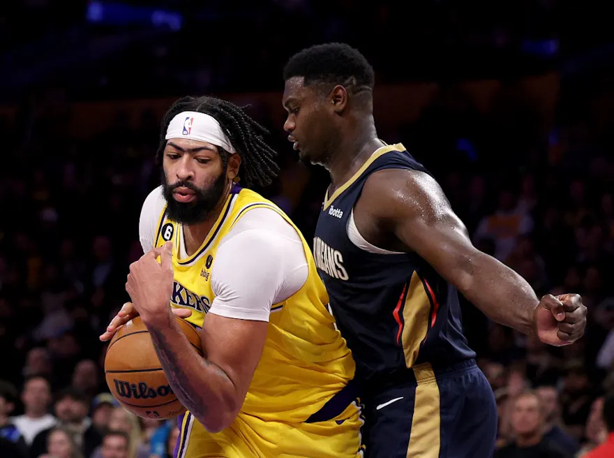 Anthony Davis #3 of the Los Angeles Lakers keeps a rebound from Zion Williamson #1 of the New Orleans Pelicans as we make our Pelicans vs. Lakers player prop picks and predictions for the NBA In-Season Tournament.