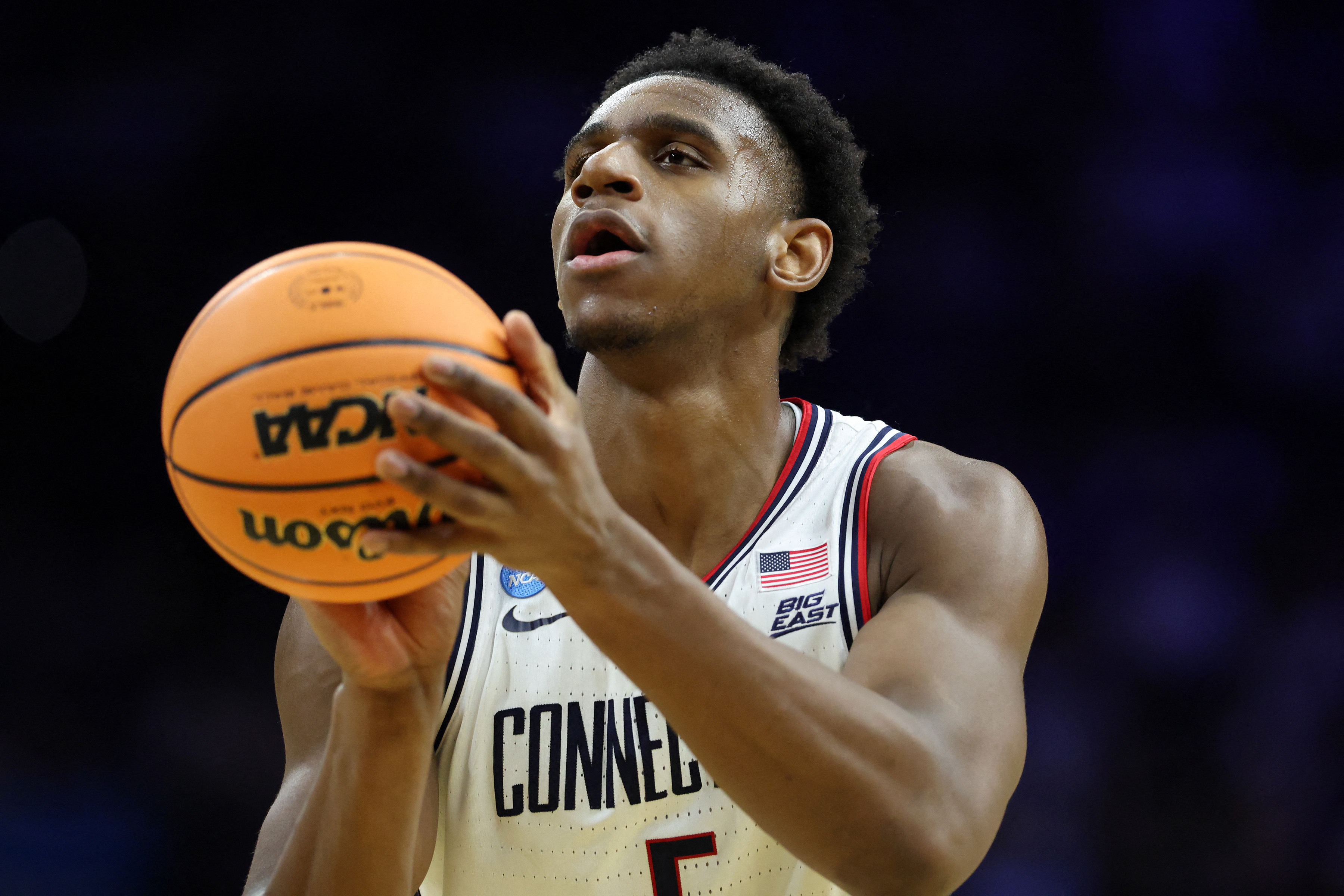 UConn Huskies forward Tarris Reed Jr. (5) shoots a free throw as he is featured in our UCLA vs. UConn prediction & picks.