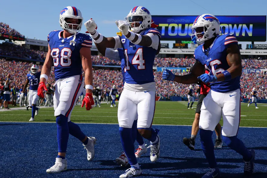 Stefon Diggs #14 of the Buffalo Bills celebrates his touchdown reception as we look at our best Giants vs. Bills predictions
