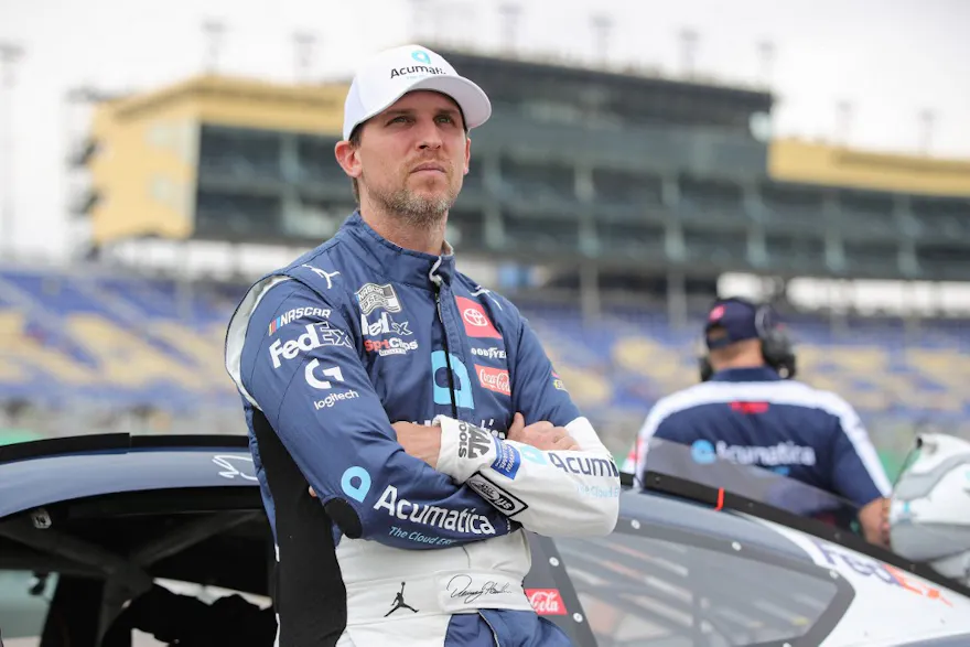 Denny Hamlin, driver of the Acumatica Toyota, looks on during qualifying for the NASCAR Cup Series Hollywood Casino 400 as we look at the Daytona 500 odds.