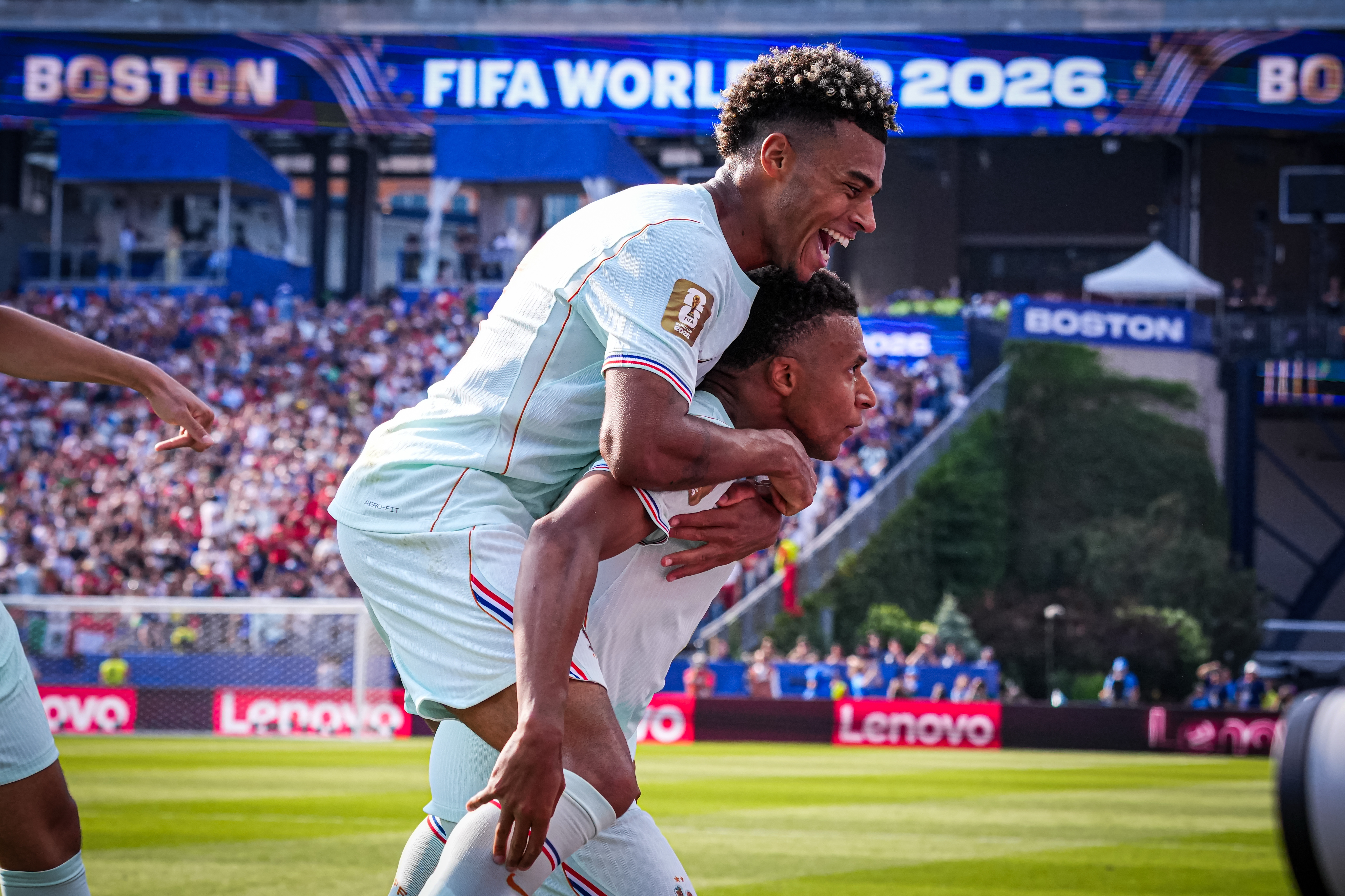 France's Kylian Mbappe celebrates scoring their first goa