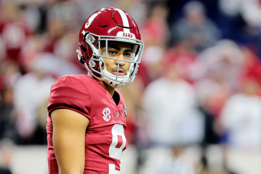 Bryce Young of the Alabama Crimson Tide looks on during pregame warmups prior to a game against the Georgia Bulldogs in the 2022 CFP National Championship Game.