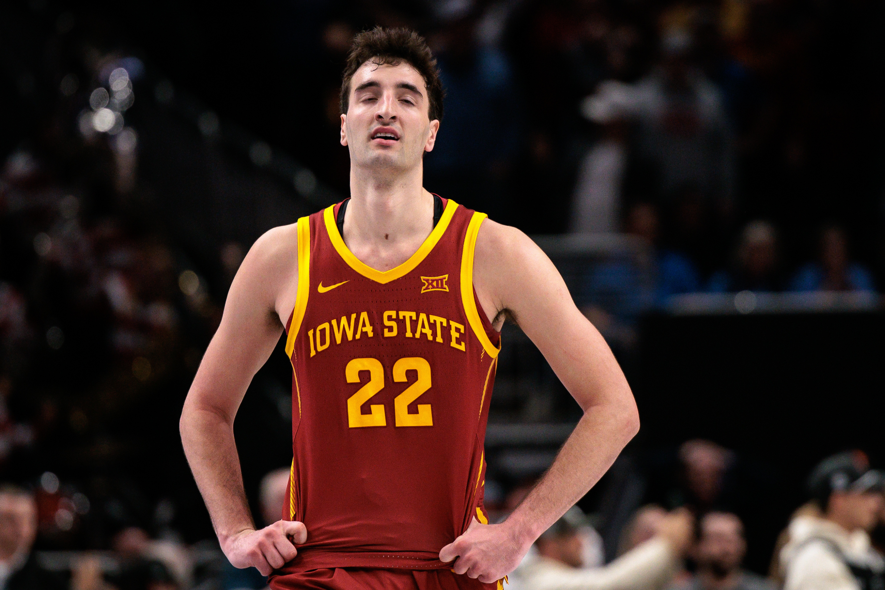 Iowa State Cyclones forward Milan Momcilovic (22), seen here reacting during a game, is featured in our Tennessee vs. Iowa State prediction tonight.