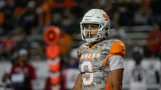 UTEP quarterback Skyler Locklear (9) reacts after a play as we break down our UTEP vs. Kennesaw State prediction for tonight.