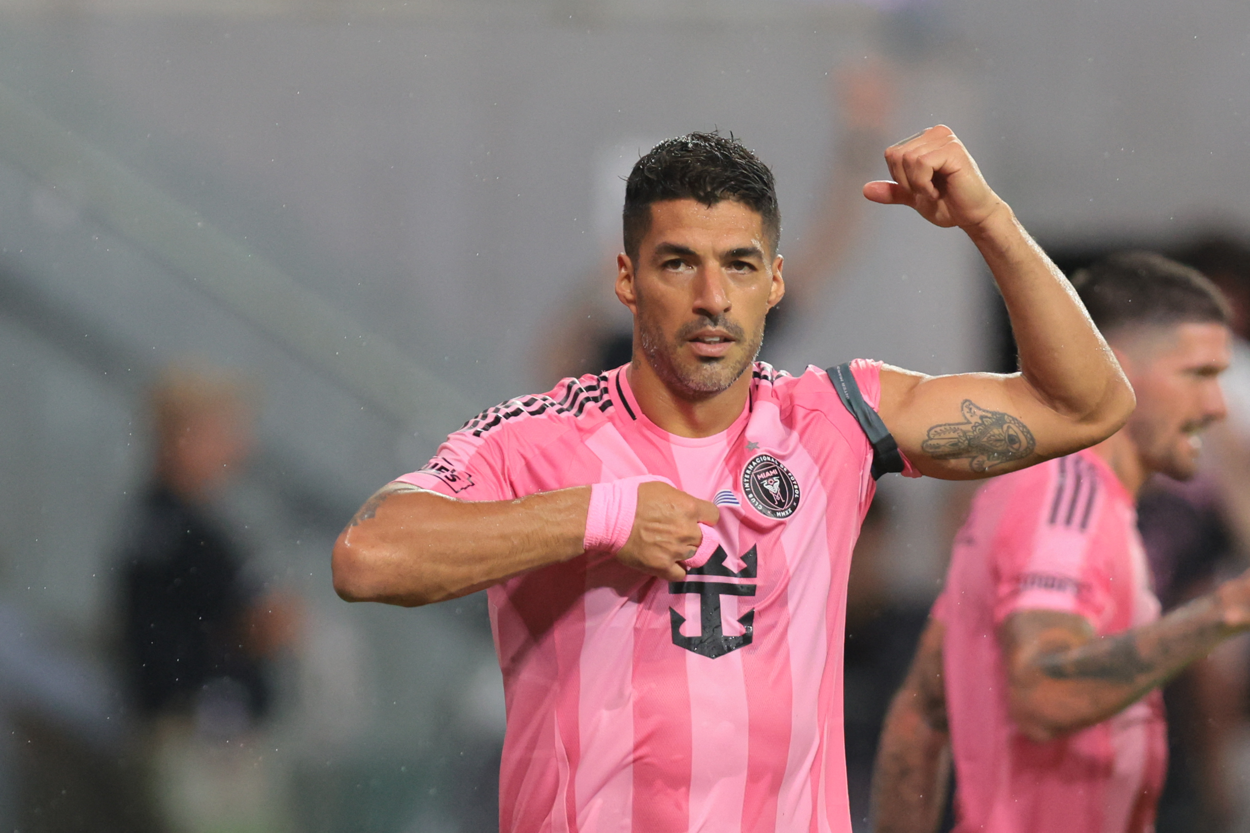Inter Miami CF forward Luis Suarez (9) celebrates as we break down our Inter Miami vs. Chicago Fire prediction.