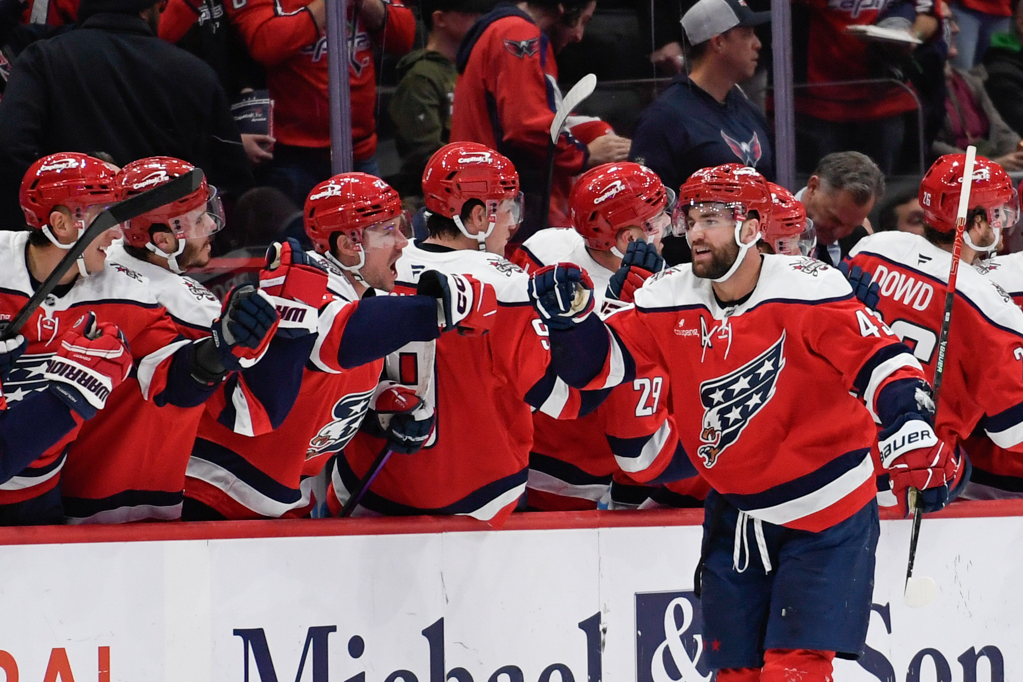 Tom Wilson celebrates with teammates as we offer our NHL player props today. 