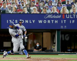 Mookie Betts of the Los Angeles Dodgers at bat against the Texas Rangers, with all players wearing No. 42 in honor of Jackie Robinson Day, and we're offering our top Nationals vs. Dodgers player props via our best MLB odds.