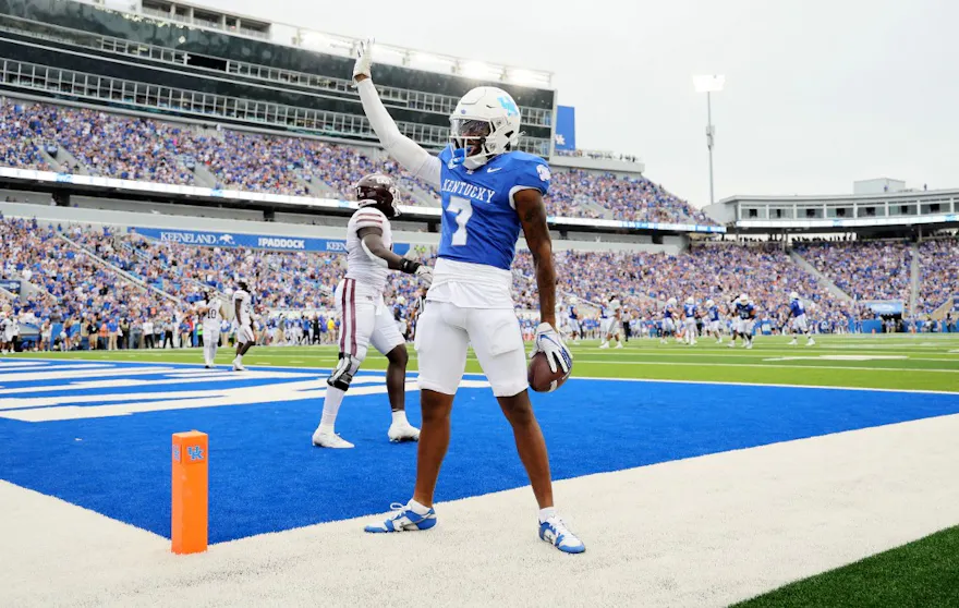 Barion Brown of the Kentucky Wildcats celebrates after scoring a touchdown against the EKU Colonels.
