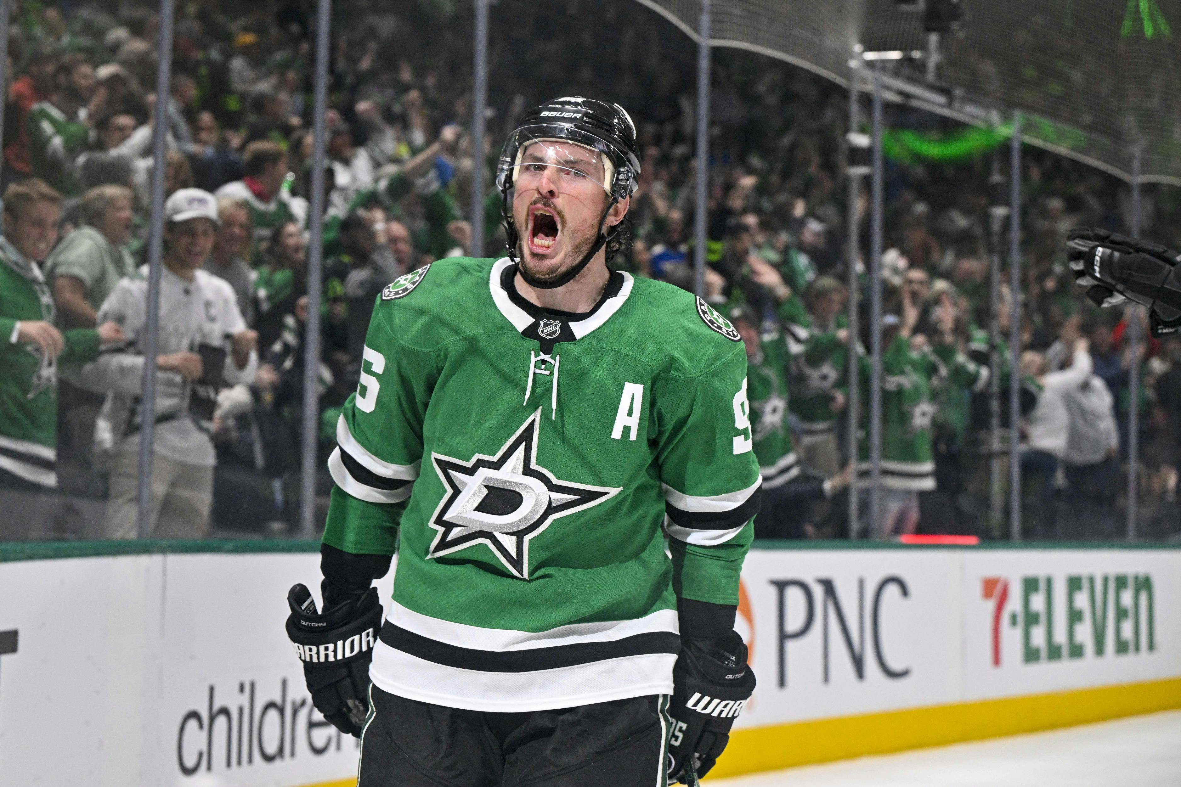 Dallas Stars center Matt Duchene celebrates after he scores the game winning goal against the St. Louis Blues.