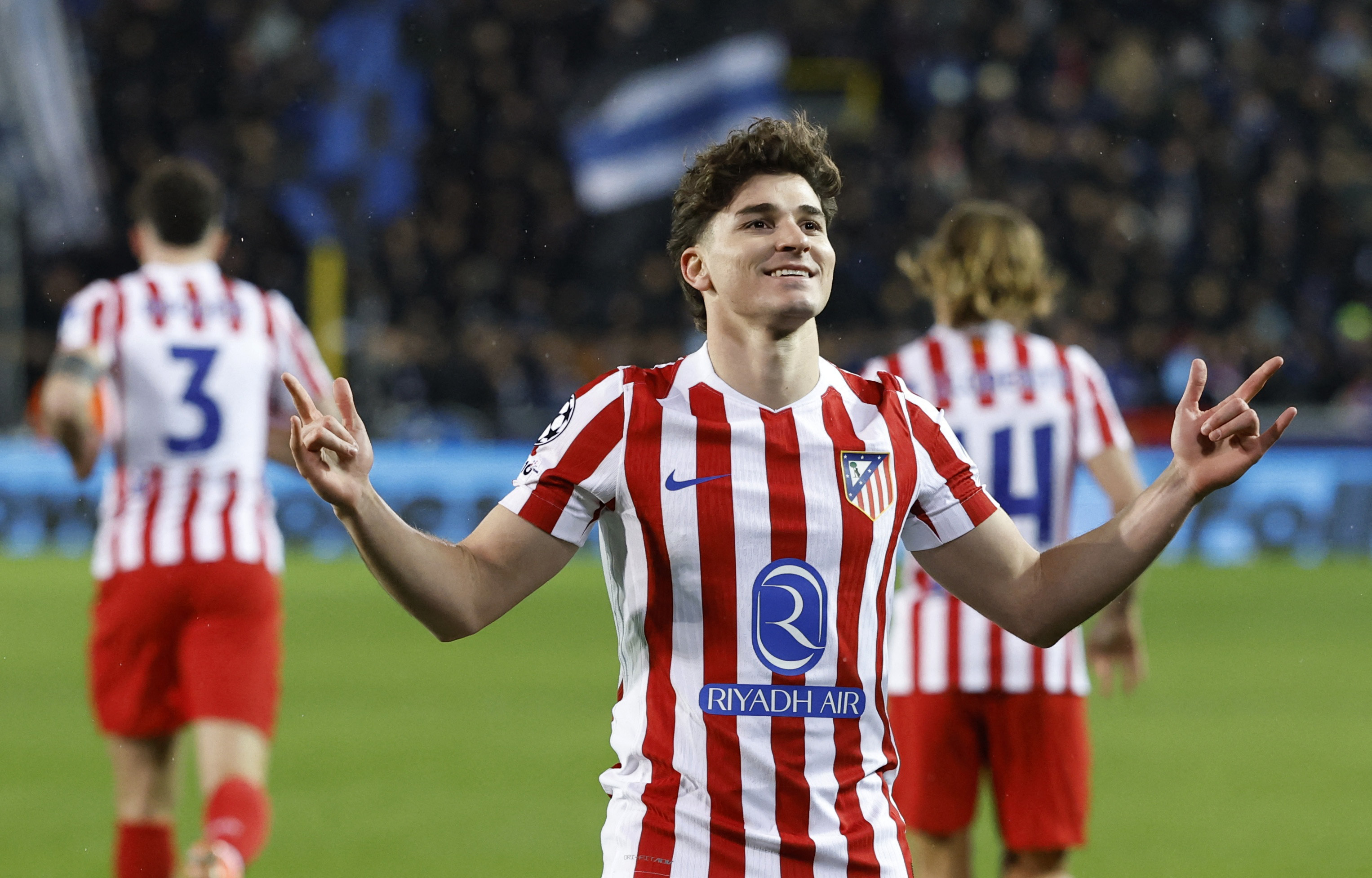 Atletico Madrid's Julian Alvarez celebrates as we offer our Atletico Madrid vs. Club Brugge same-game parlay.