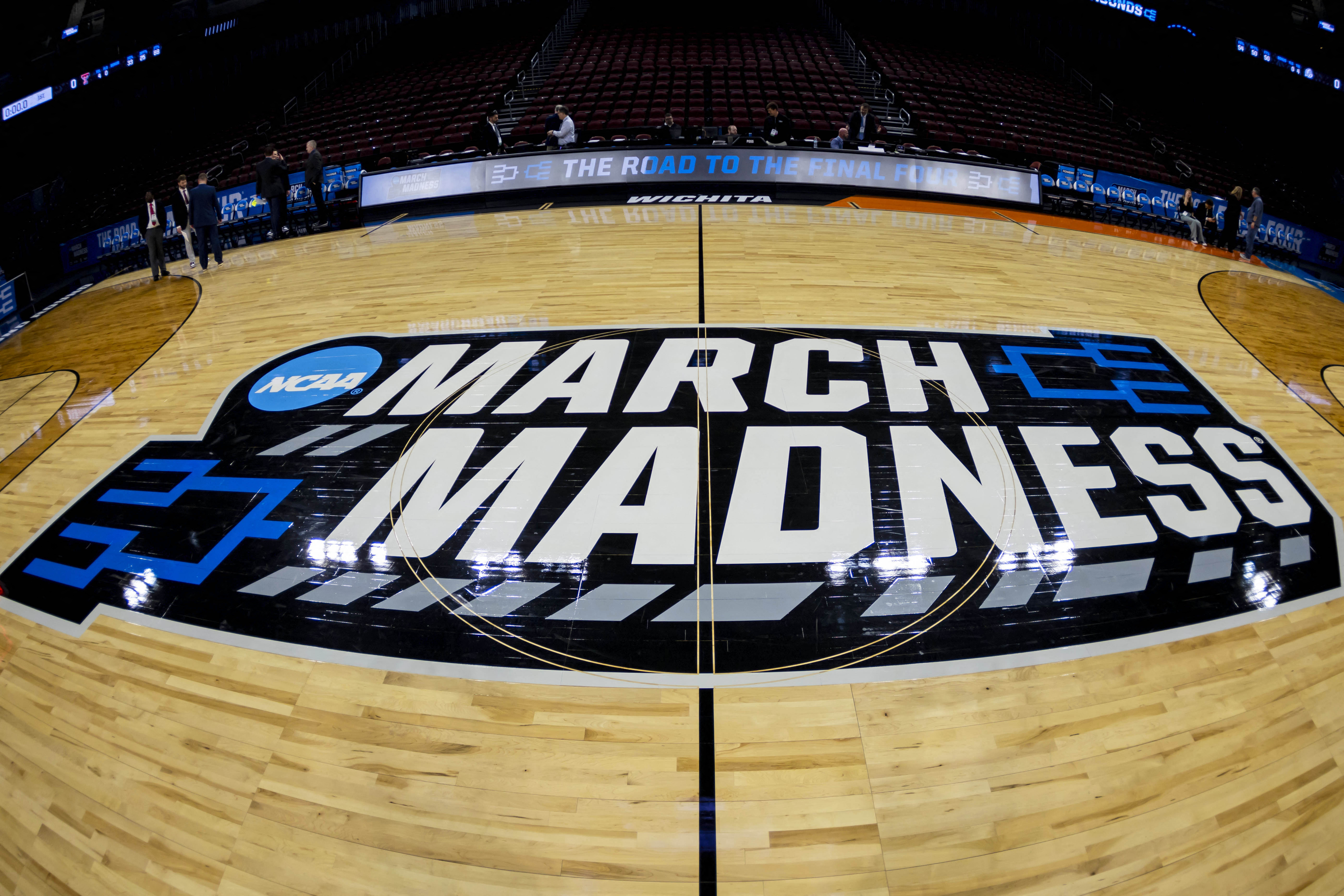 A general view of a March Madness logo at center court as we offer our expert 2026 March Madness bracket picks and predictions