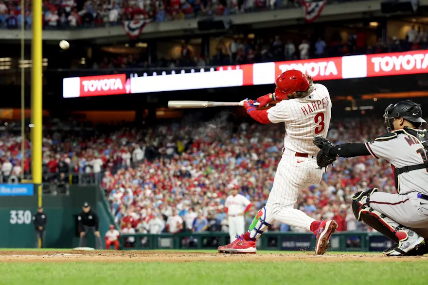 Bryce Harper of the Philadelphia Phillies bats against the Arizona Diamondbacks during Game 1 of the National League Championship Series, and the Phillies' run propelled Pennsylvania sportsbooks to a record October.