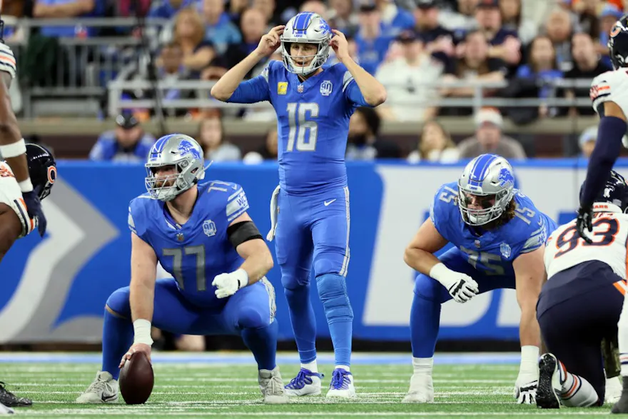 Detroit Lions quarterback Jared Goff (16) calls a play as we make our best Packers vs. Lions prediction.