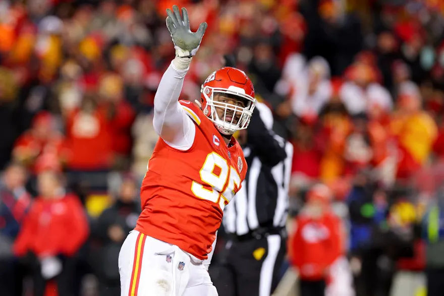 Chris Jones of the Kansas City Chiefs reacts after sacking Joe Burrow of the Cincinnati Bengals during the fourth quarter in the AFC Championship Game at GEHA Field at Arrowhead Stadium on January 29, 2023 in Kansas City, Missouri.