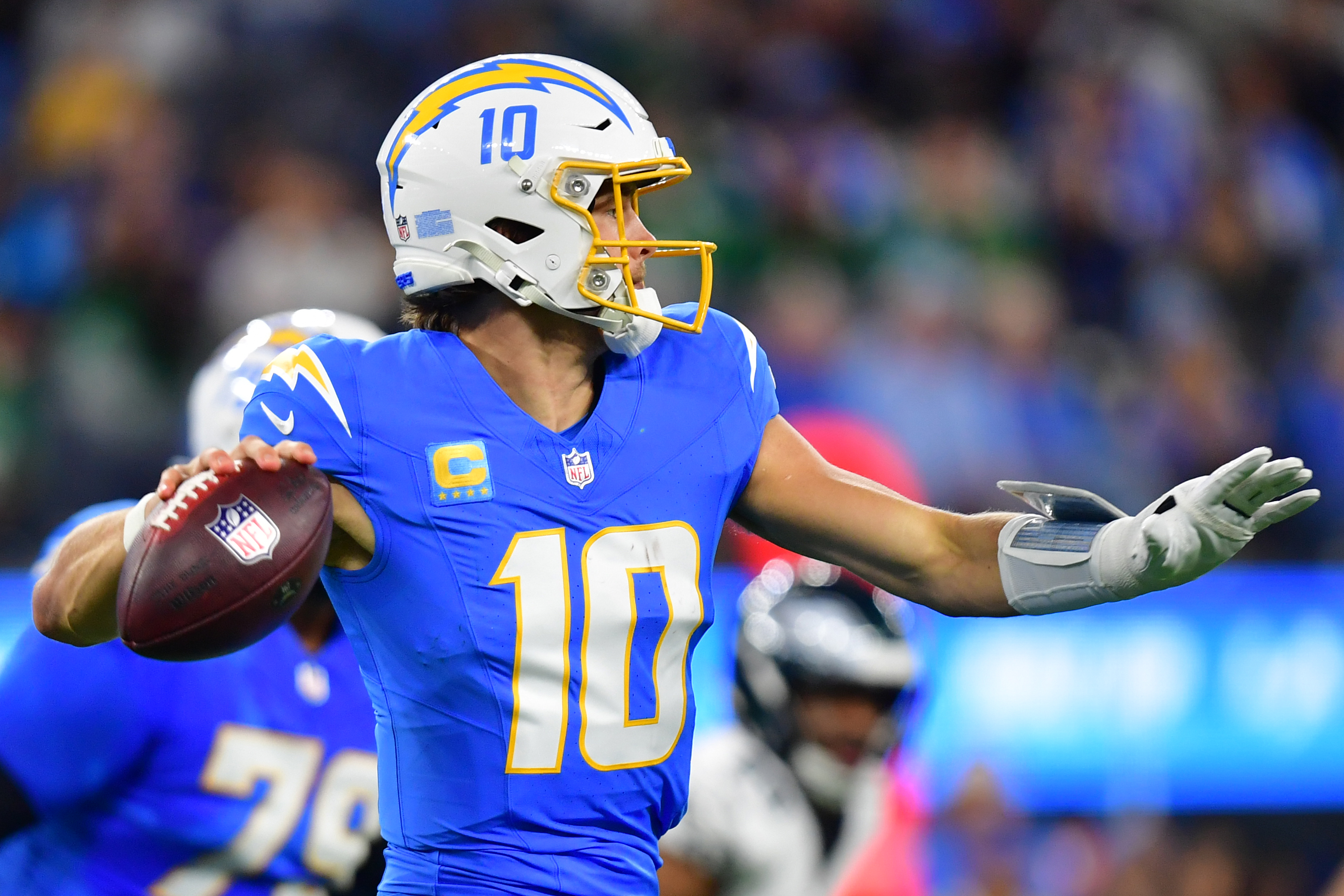 Los Angeles Chargers quarterback Justin Herbert - who's featured in my NFL player props for Week 17 - passes.