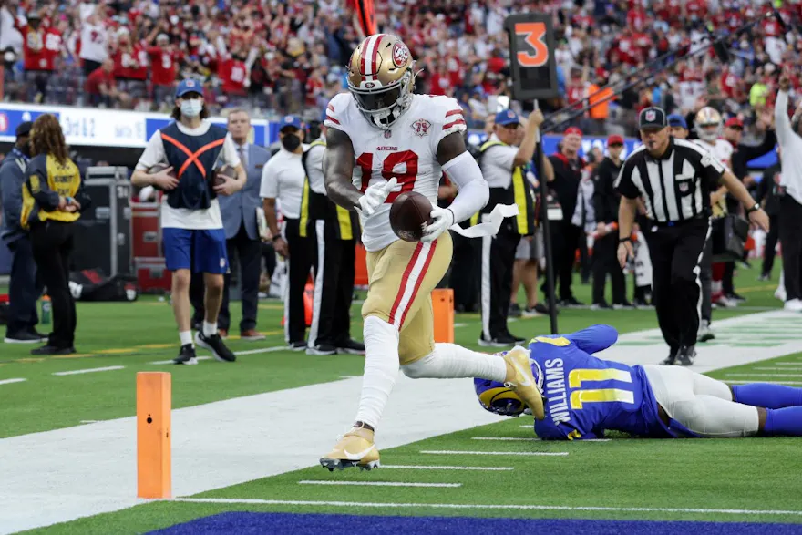Deebo Samuel of the San Francisco 49ers runs for a touchdown against the Los Angeles Rams, and we offer new U.S. bettors our exclusive DraftKings promo code for the Big Game on Sunday.
