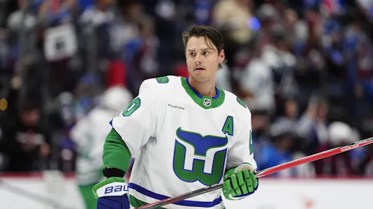 Carolina Hurricanes center Sebastian Aho (20), who is one of our favorite NHL anytime goal scorer predictions today