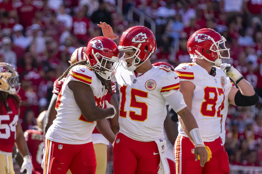 Kansas City Chiefs running back Kareem Hunt (29) is congratulated as we offer our first touchdown scorer predictions for Monday Night Football tonight ahead of Buccaneers vs. Chiefs.