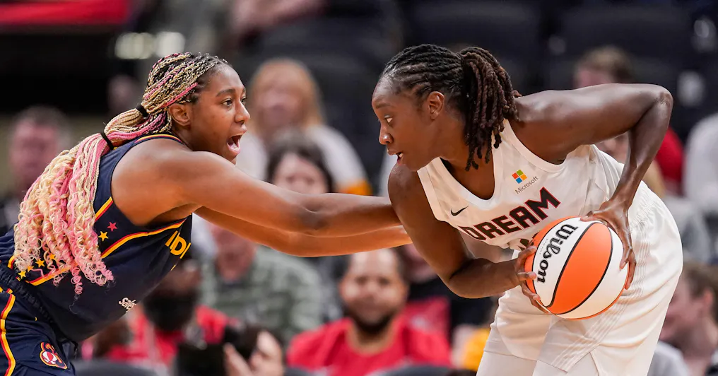 Indiana Fever forward Aliyah Boston (7) guards Atlanta Dream guard Jordin Canada (3) as we offer our best Fever vs. Dream prediction and expert picks for Monday's WNBA matchup at State Farm Arena in Atlanta.