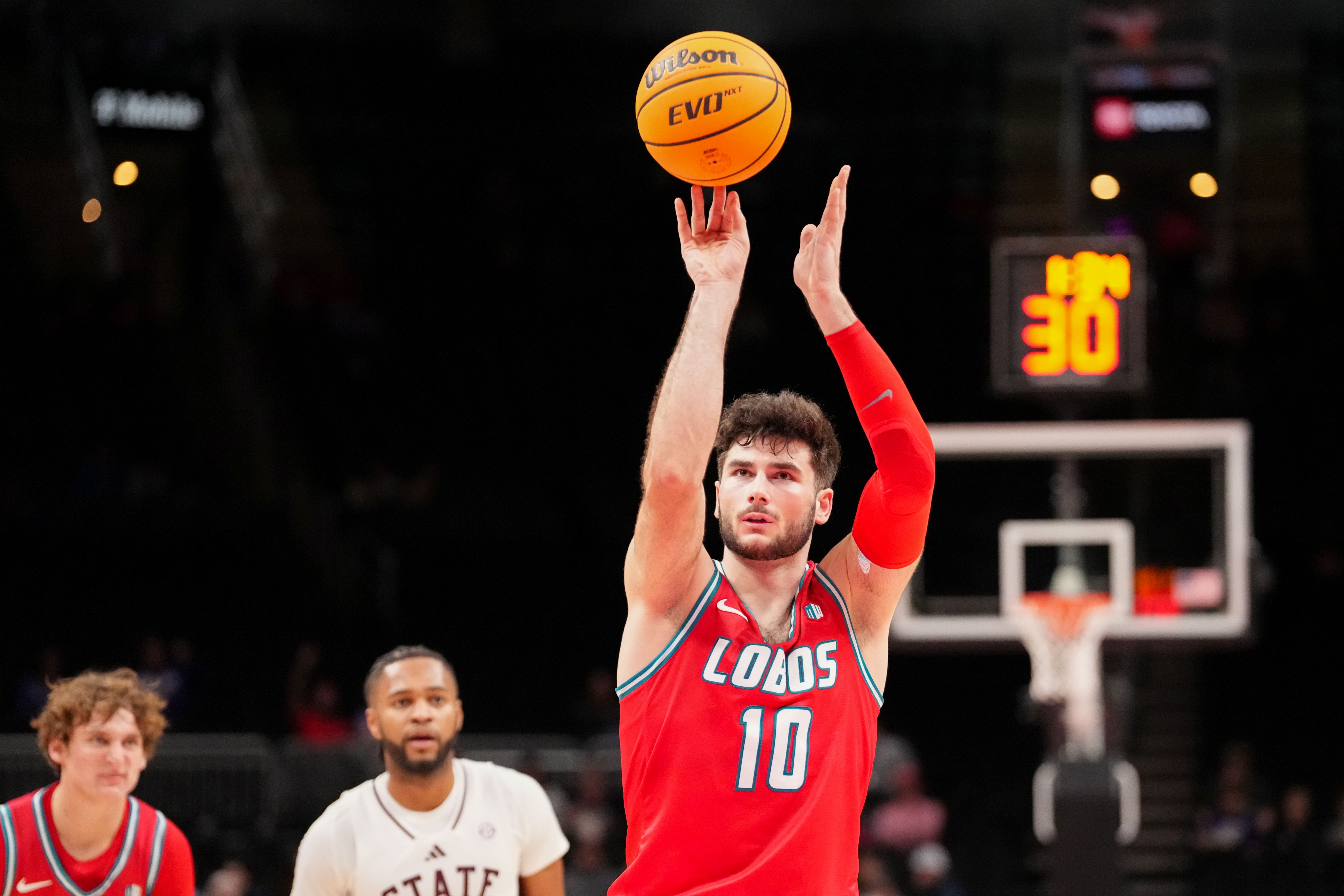 New Mexico Lobos forward Tomislav Buljan (10) shoots a free throw as we break down our Saint Joseph's vs. New Mexico prediction.