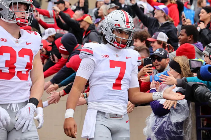 CJ Stroud of the Ohio State Buckeyes takes the field prior to the game against the Northwestern Wildcats prior to the game at Ryan Field in Evanston, Illinois. Photo by Michael Reaves/Getty Images via AFP.