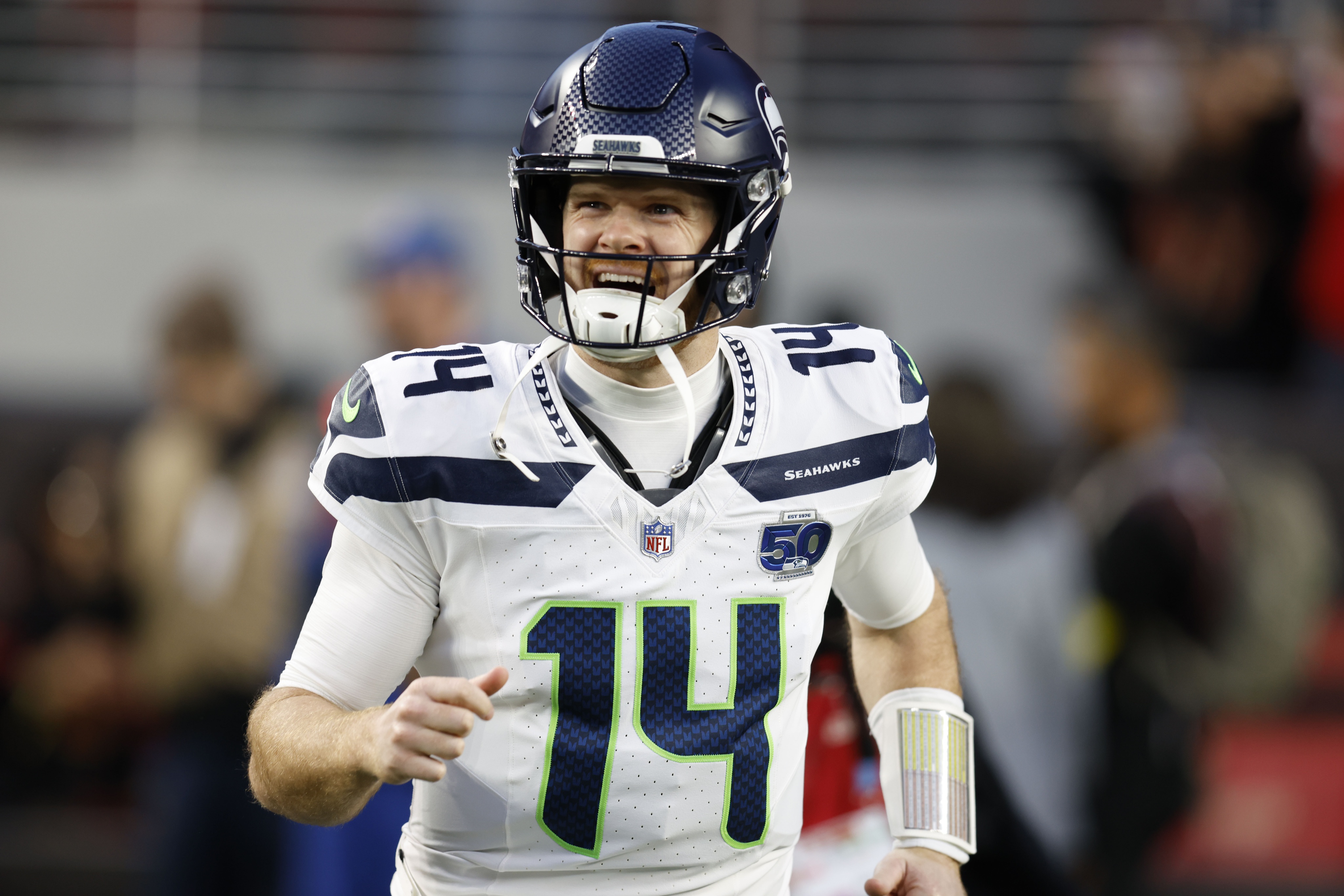 Seattle Seahawks quarterback Sam Darnold (14) celebrates as we break down the Super Bowl MVP odds for 2026.