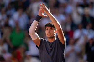 Carlos Alcaraz of Spain celebrates winning his match as we look at our Alcaraz vs. Zverev prediction for the French Open final