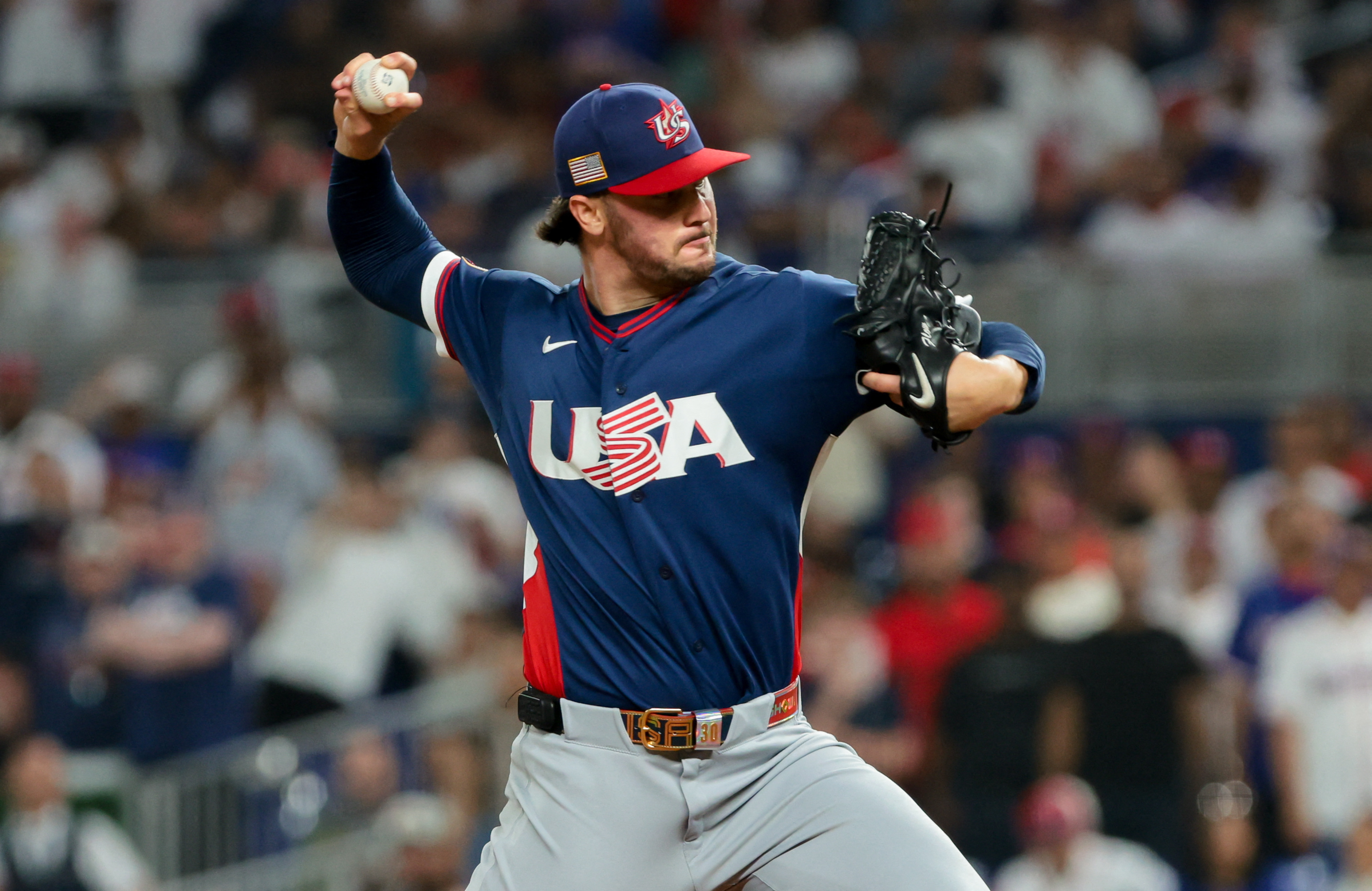 Paul Skenes delivers a pitch against the Dominican Republic during a semifinal game of the 2026 World Baseball Classic at loanDepot Park.