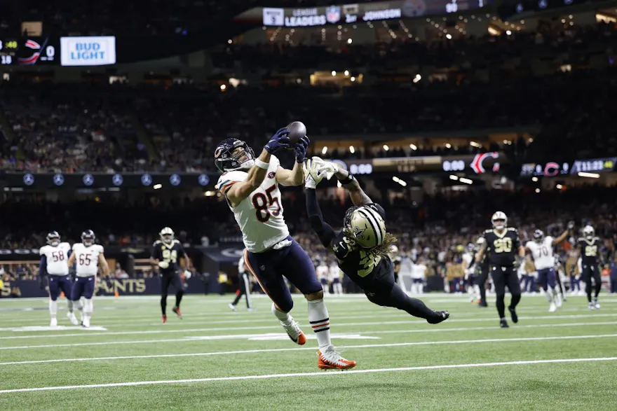 Cole Kmet #85 of the Chicago Bears catches a touchdown pass as we look at our best anytime touchdown scorer predictions