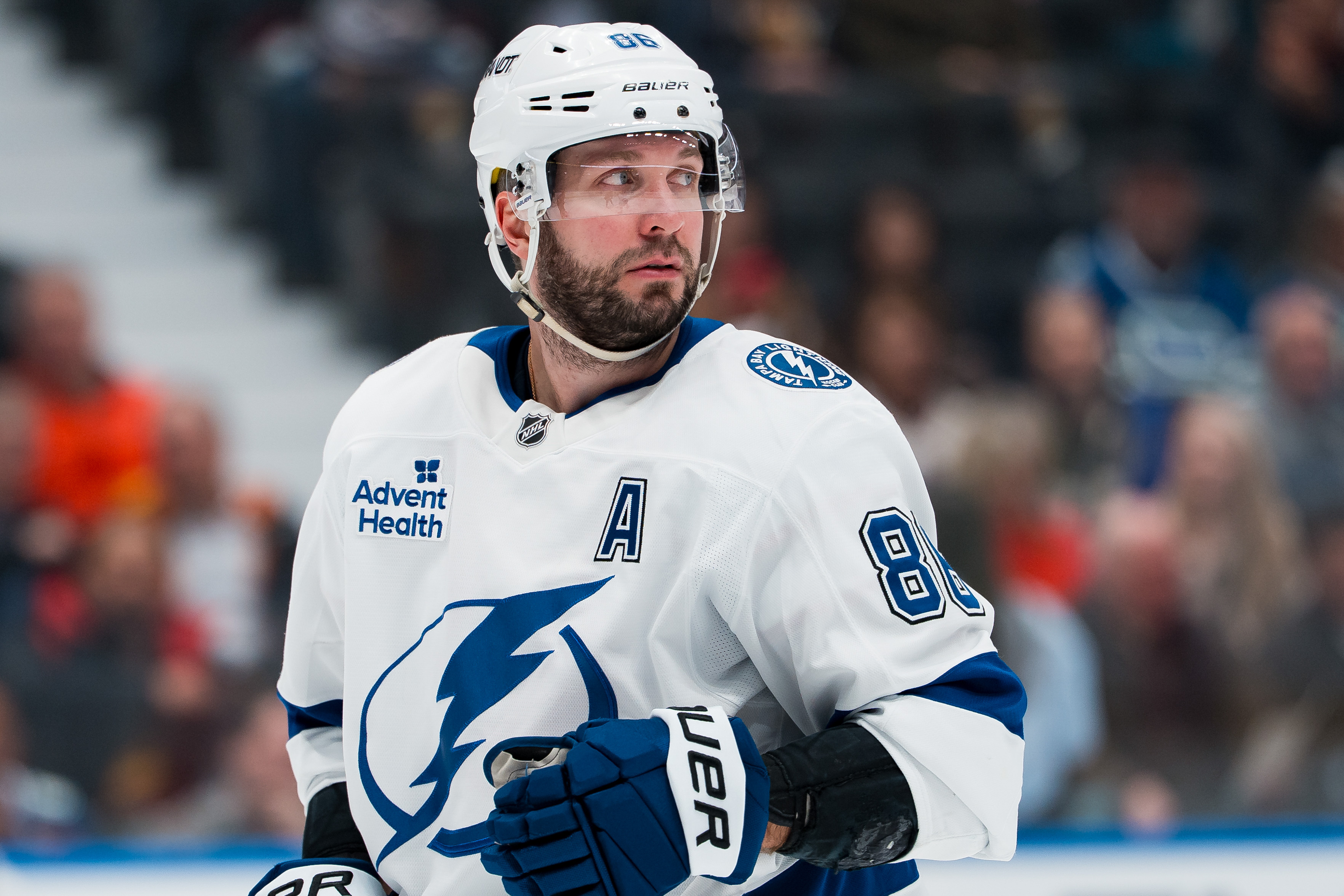  Tampa Bay Lightning forward Nikita Kucherov - who's featured in my anytime goal scorer predictions - during a stop in play.