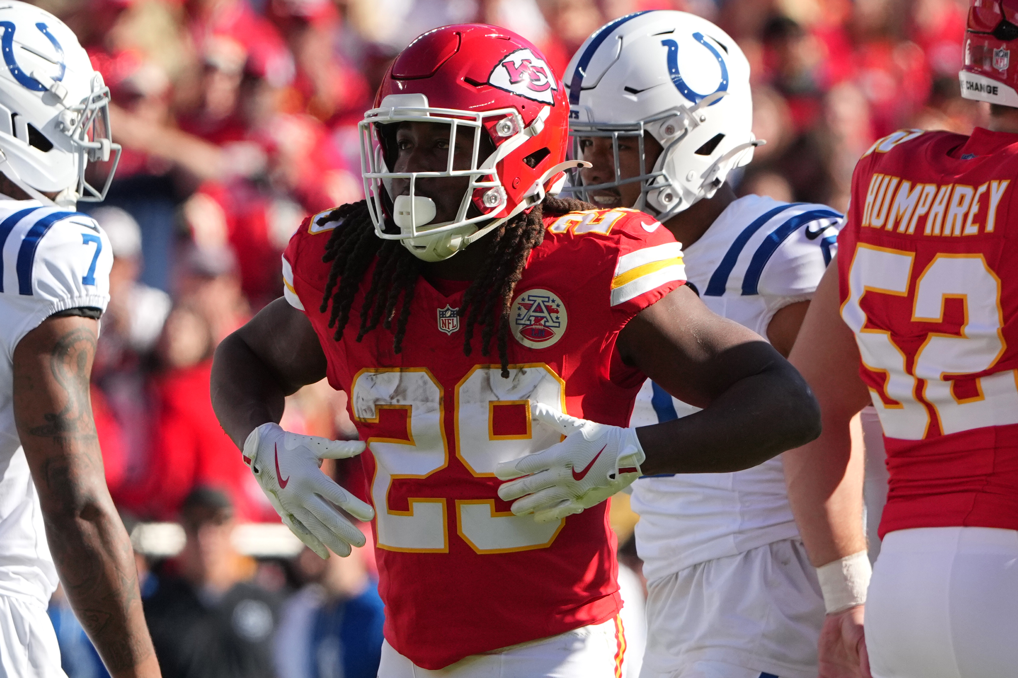 Kansas City Chiefs running back Kareem Hunt (29) reacts as we break down our NFL 2+touchdown scorer picks today.