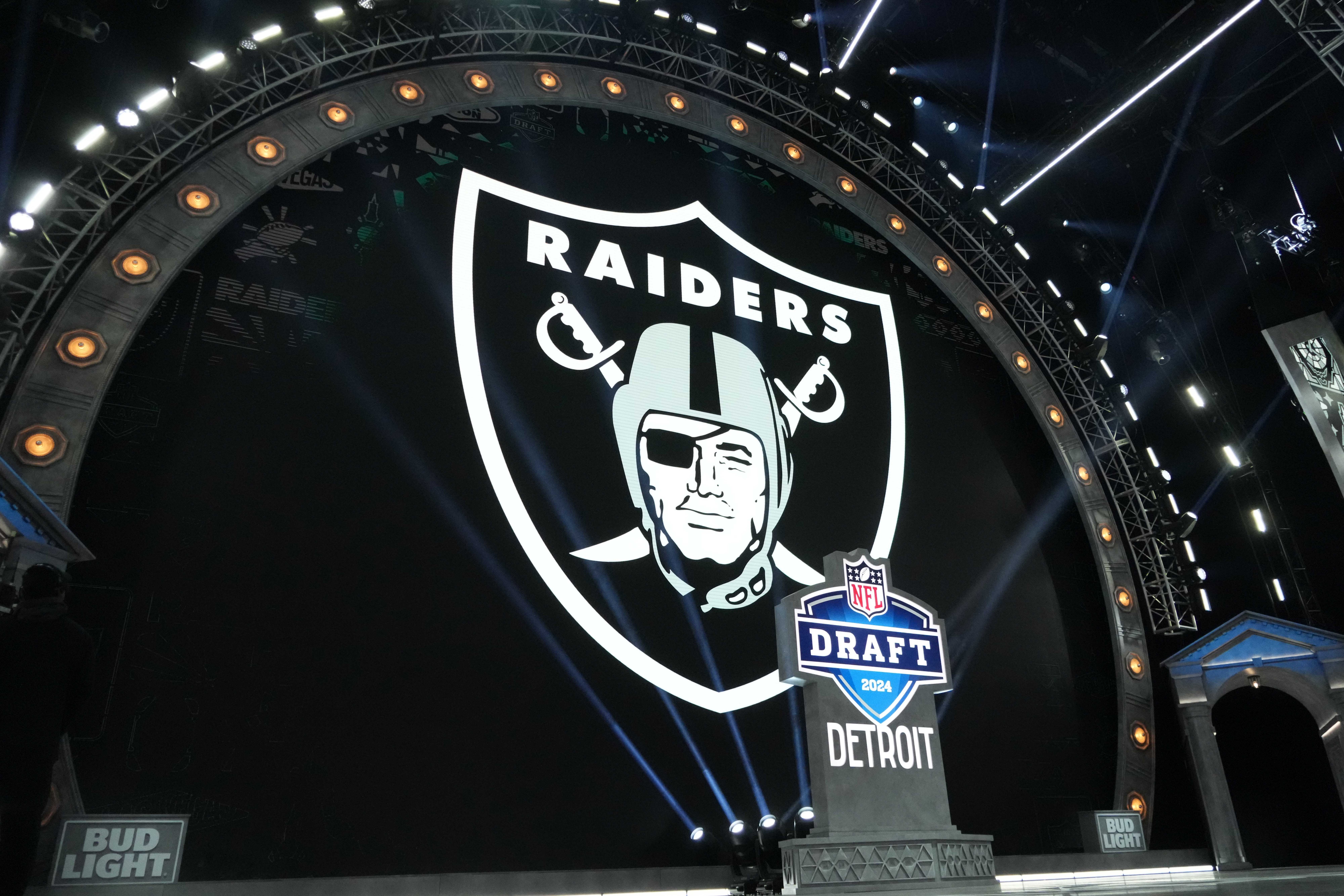 A Las Vegas Raiders logo at the NFL Draft