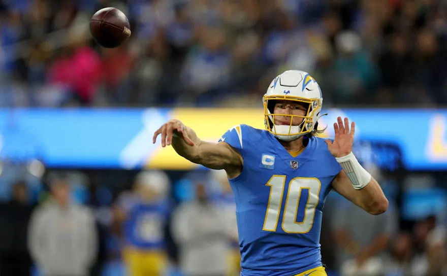 Justin Herbert of the Los Angeles Chargers passes against the Miami Dolphins at SoFi Stadium, and we look at the best Justin Herbert player props for Sunday Night Football.