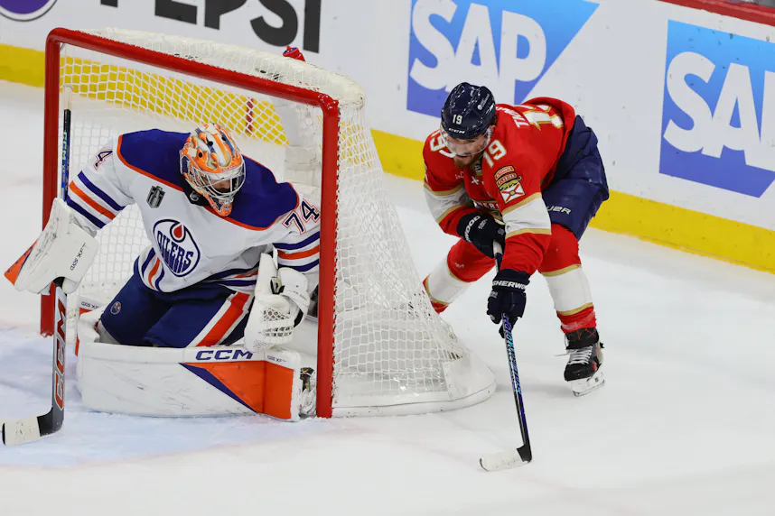 Florida Panthers forward Matthew Tkachuk with a wrap around attempt as Gary Pearson profiles his best SGP for Friday's Game 6 of the Stanley Cup Final, featuring the Oilers and Panthers.