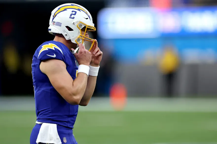 Easton Stick #2 of the Los Angeles Chargers walks onto the field as we break down how to bet backup QBs ahead of Chargers vs. Raiders on Thursday Night Football.