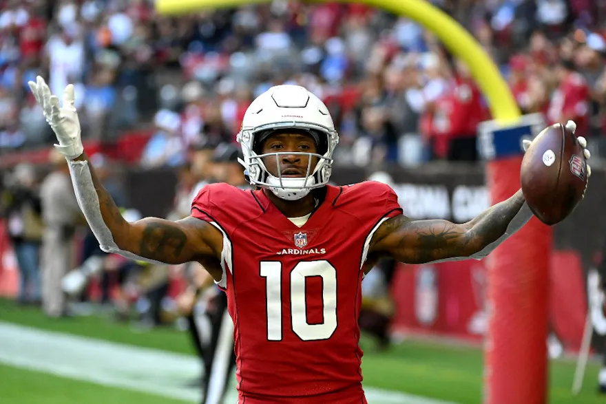 DeAndre Hopkins of the Arizona Cardinals celebrates after scoring a touchdown in the first quarter of a game against the Los Angeles Chargers.