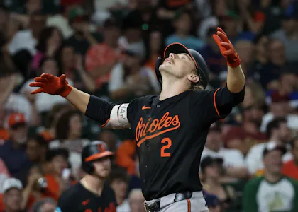 Baltimore Orioles shortstop Gunnar Henderson (2) celebrates his home run as we offer our MLB best bets for Saturday.