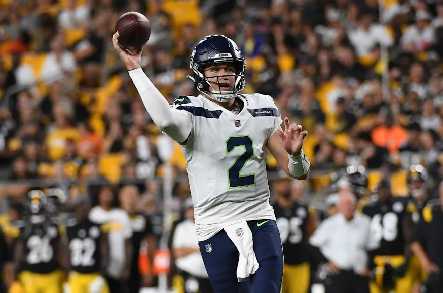 Drew Lock of the Seattle Seahawks throws a pass for a 2-point conversion in the fourth quarter during a preseason game against the Pittsburgh Steelers. Photo by Justin Berl/Getty Images via AFP.