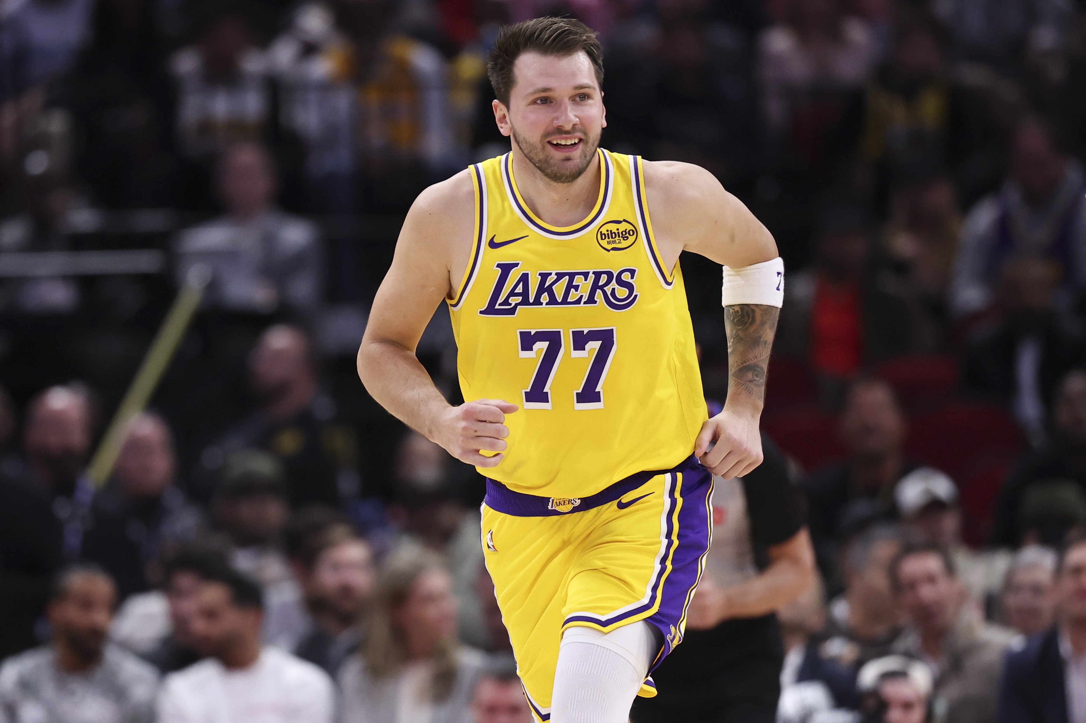  Los Angeles Lakers guard Luka Doncic - who's featured in my NBA player props tonight - reacts after scoring a basket.
