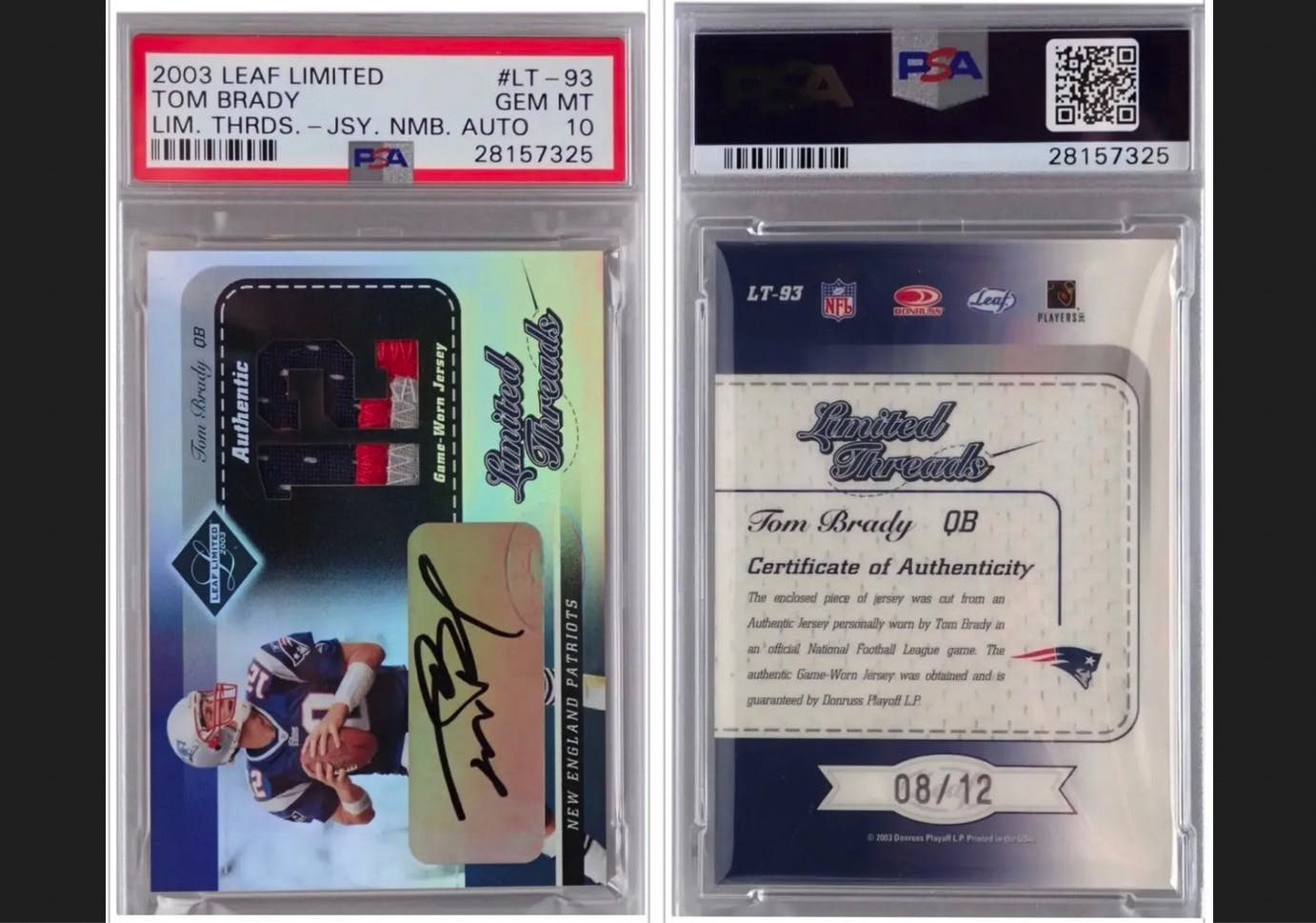 2003 Leaf Tom Brady Limited Threads Game Worn Jersey Auto 08/12.