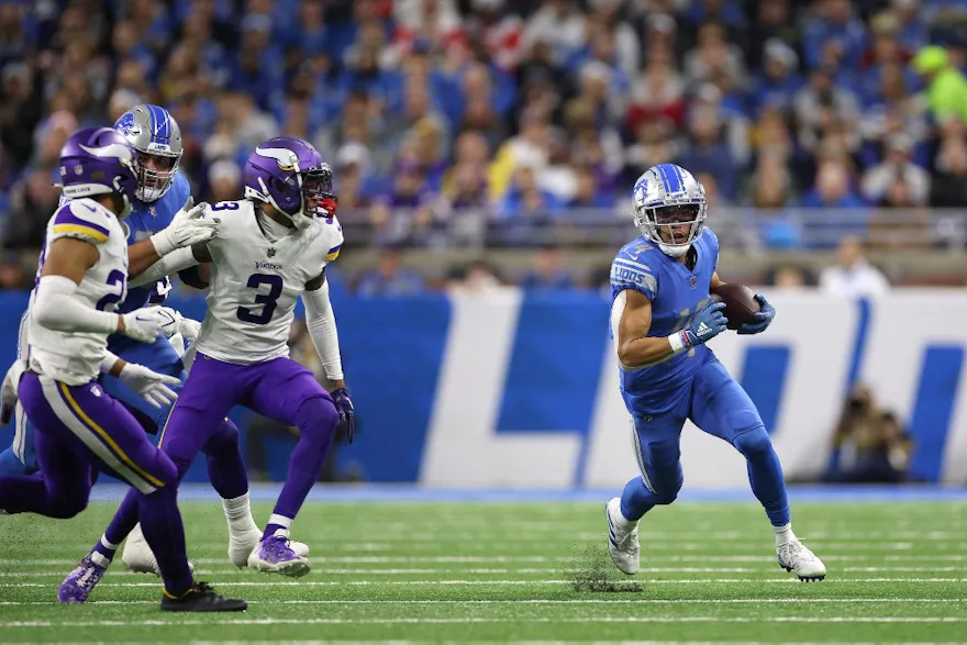 Amon-Ra St. Brown of the Detroit Lions carries the ball against the Minnesota Vikings at Ford Field on Dec. 11, 2022 in Detroit, Michigan.