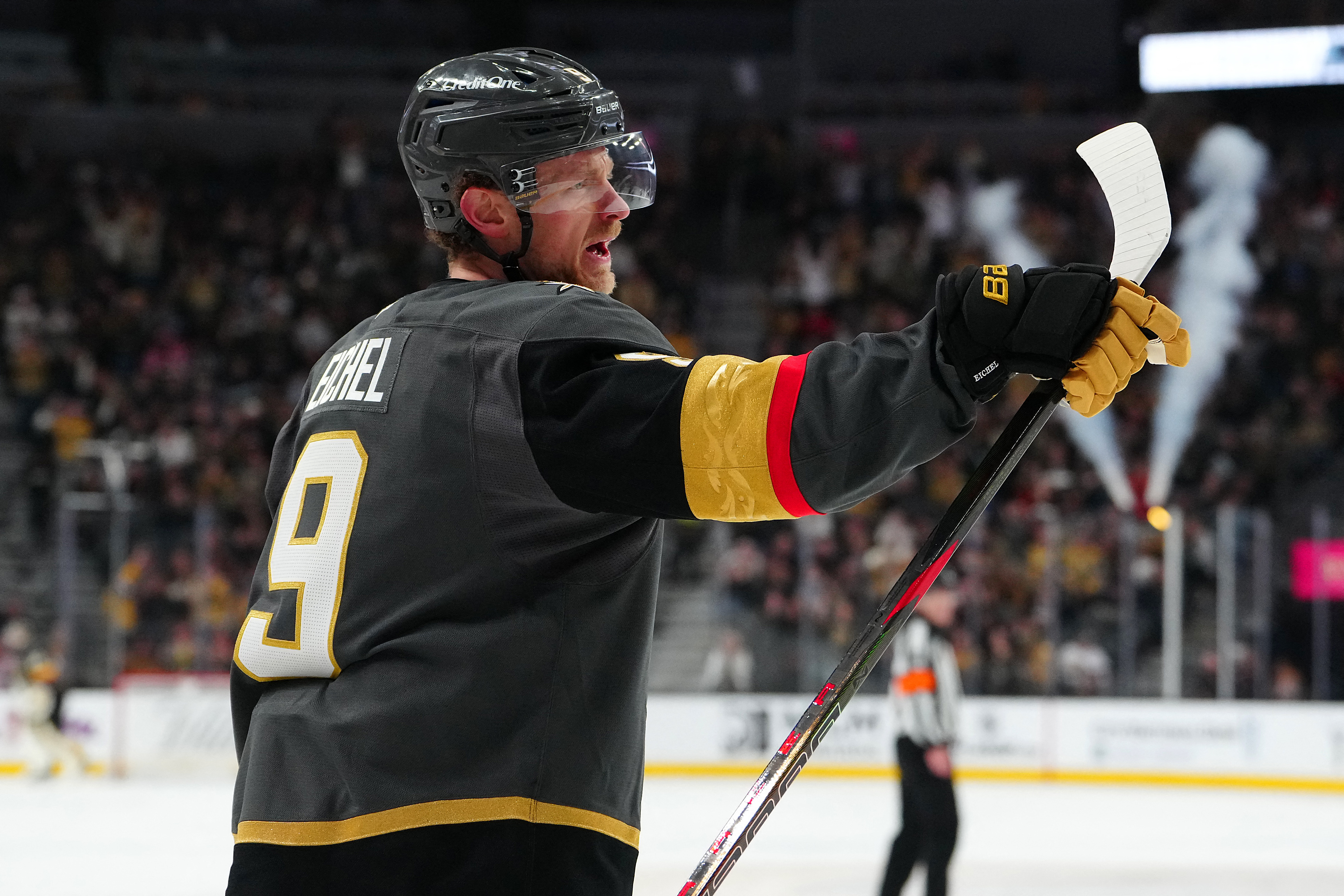 Vegas Golden Knights center Jack Eichel (9) celebrates after scoring a goal as we offer our Golden Knights vs. Capitals prediction.
