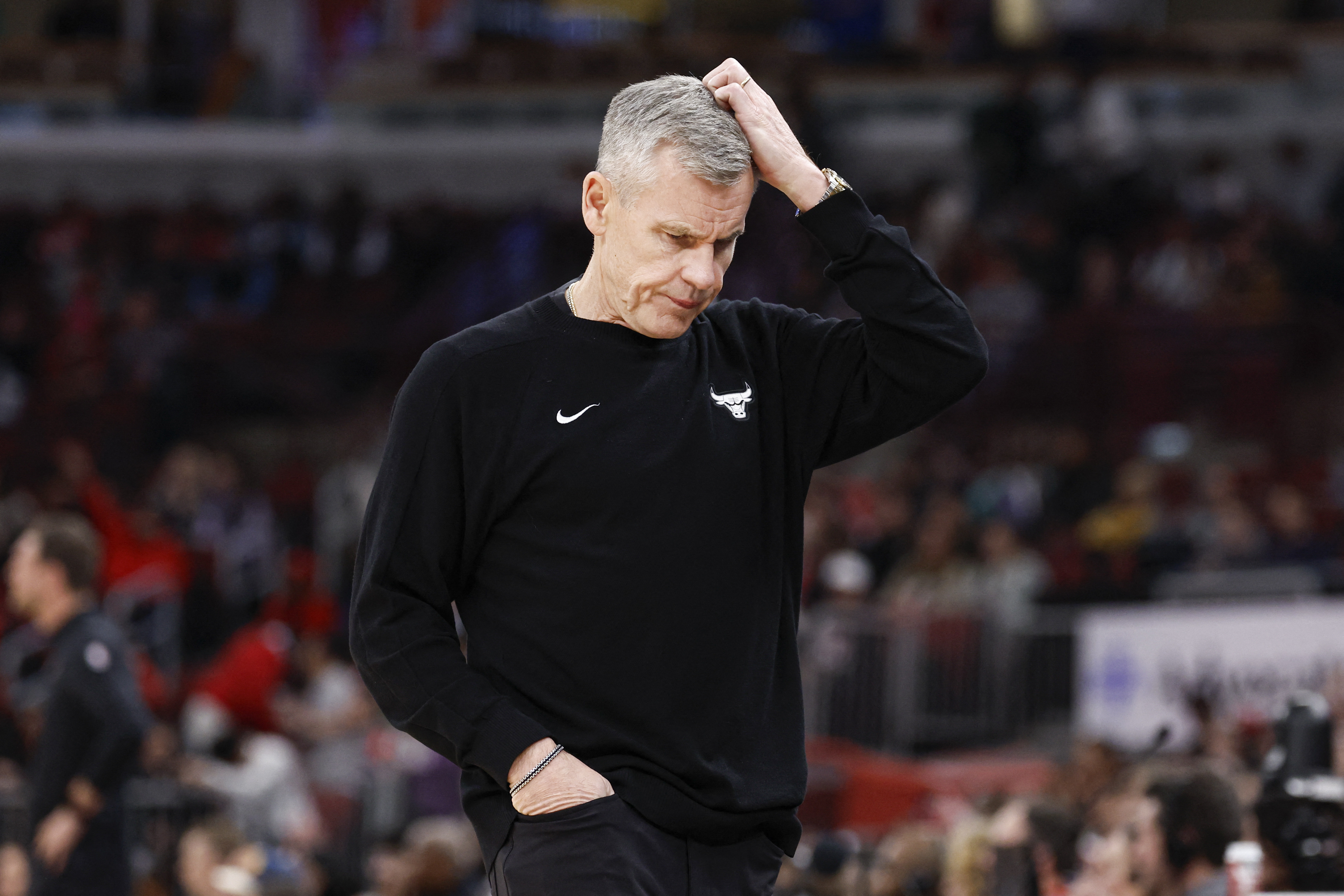 Chicago Bulls head coach Billy Donovan, who leads the UNC next coach odds, reacts during the first half of an NBA game against the Portland Trail Blazers at United Center.