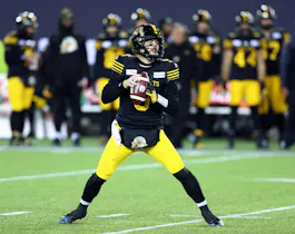 Dane Evans of the Hamilton Tiger-Cats throws the ball during the 108th Grey Cup CFL Championship Game.