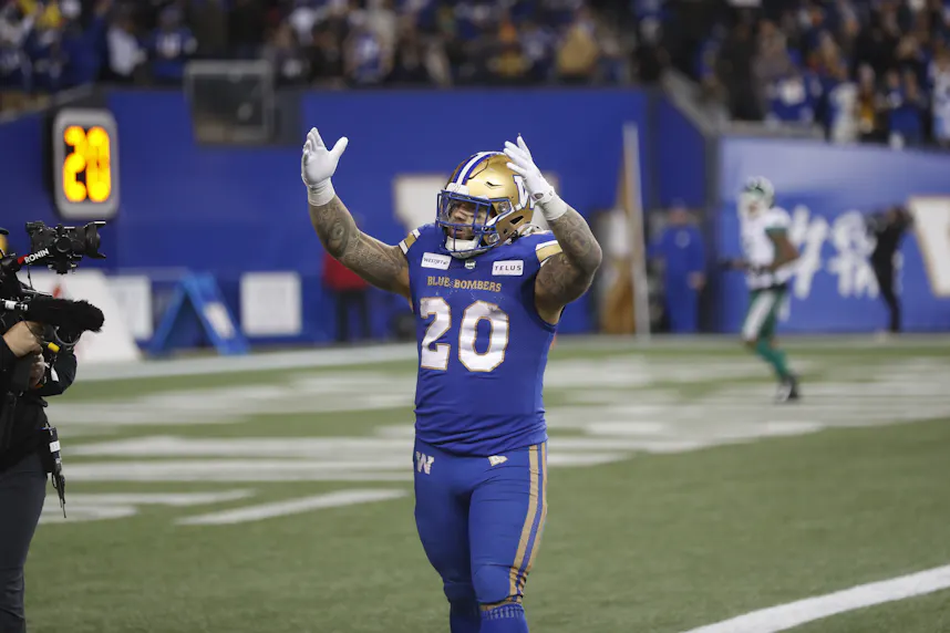 Winnipeg Blue Bombers running back Brady Oliveira celebrates after scoring a touchdown against the Saskatchewan Roughriders. We're backing Winnipeg in our Argonauts vs. Blue Bombers prediction.