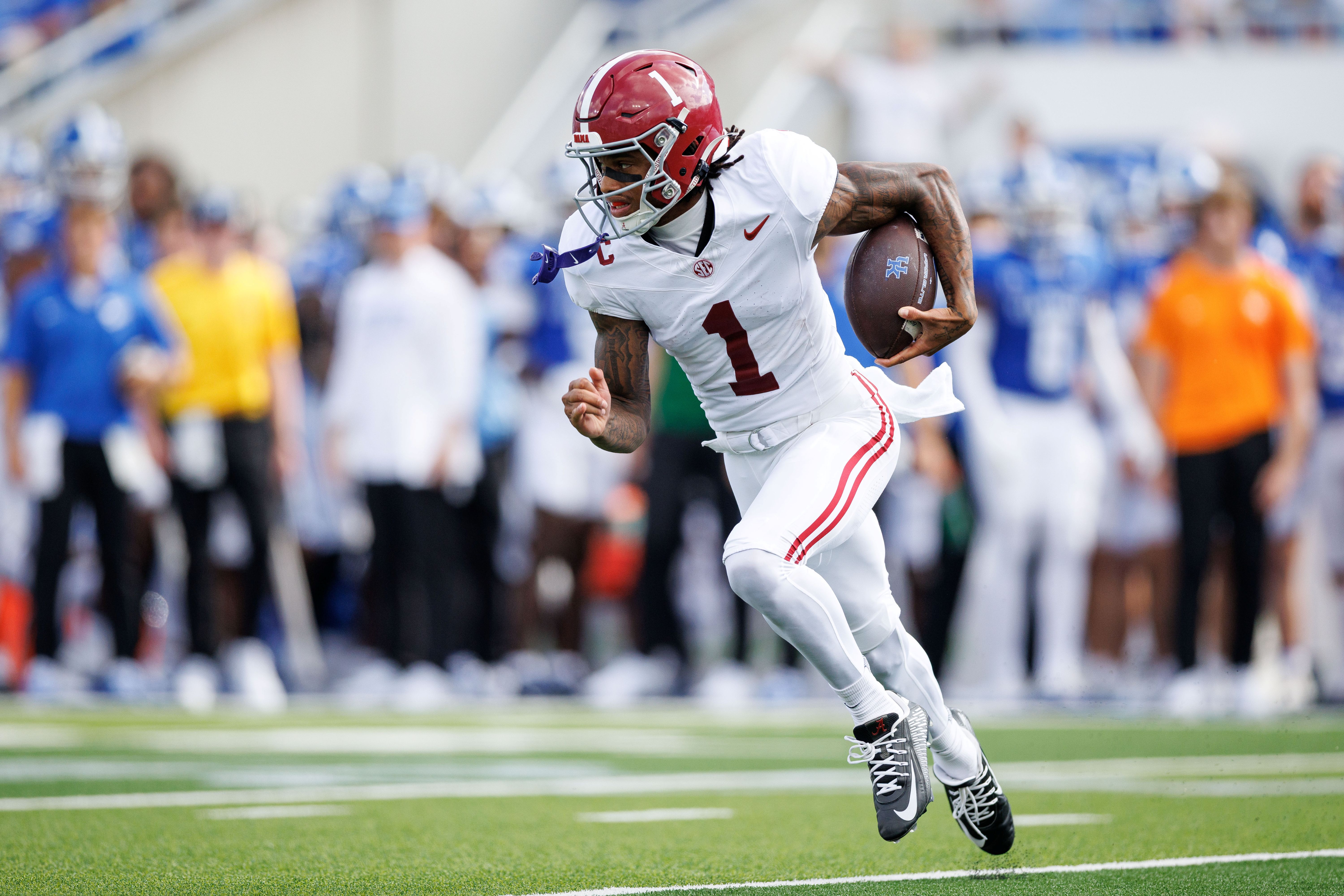 Alabama Crimson Tide wide receiver Ryan Coleman-Williams runs the ball as we make our best college football player prop bets for Week 3
