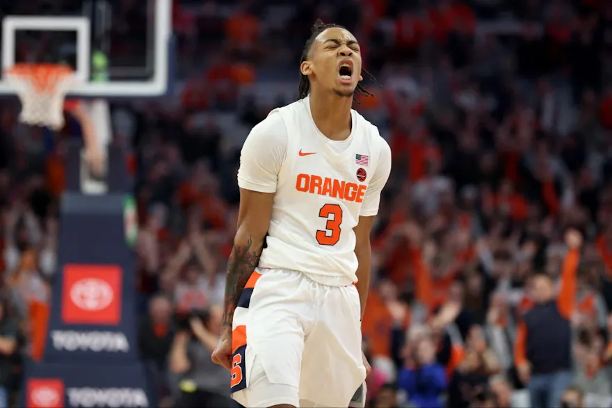 Judah Mintzof the Syracuse Orange reacts during the second half against the Notre Dame Fighting Irish. 