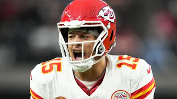 Patrick Mahomes #15 of the Kansas City Chiefs reacts as we look at the odds to win the 2024 Super Bowl.