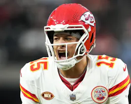 Patrick Mahomes #15 of the Kansas City Chiefs reacts as we look at the odds to win the 2024 Super Bowl.